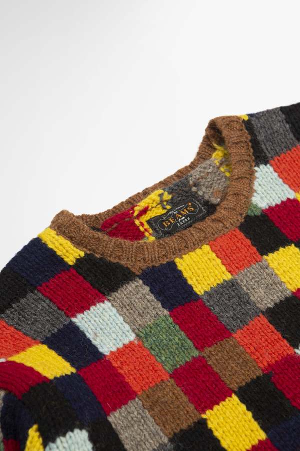 Beams Plus Patchwork Hand Knit Block Crew Neck Sweater - Multi