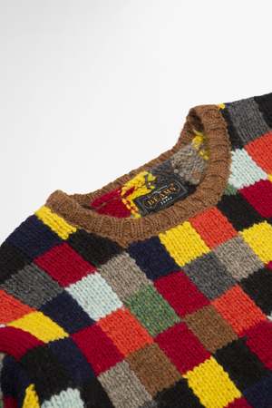Beams Plus Patchwork Hand Knit Block Crew Neck Sweater - Multi