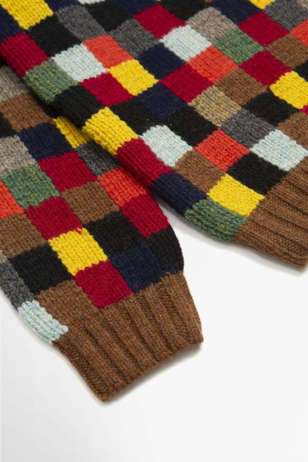 Beams Plus Patchwork Hand Knit Block Crew Neck Sweater - Multi