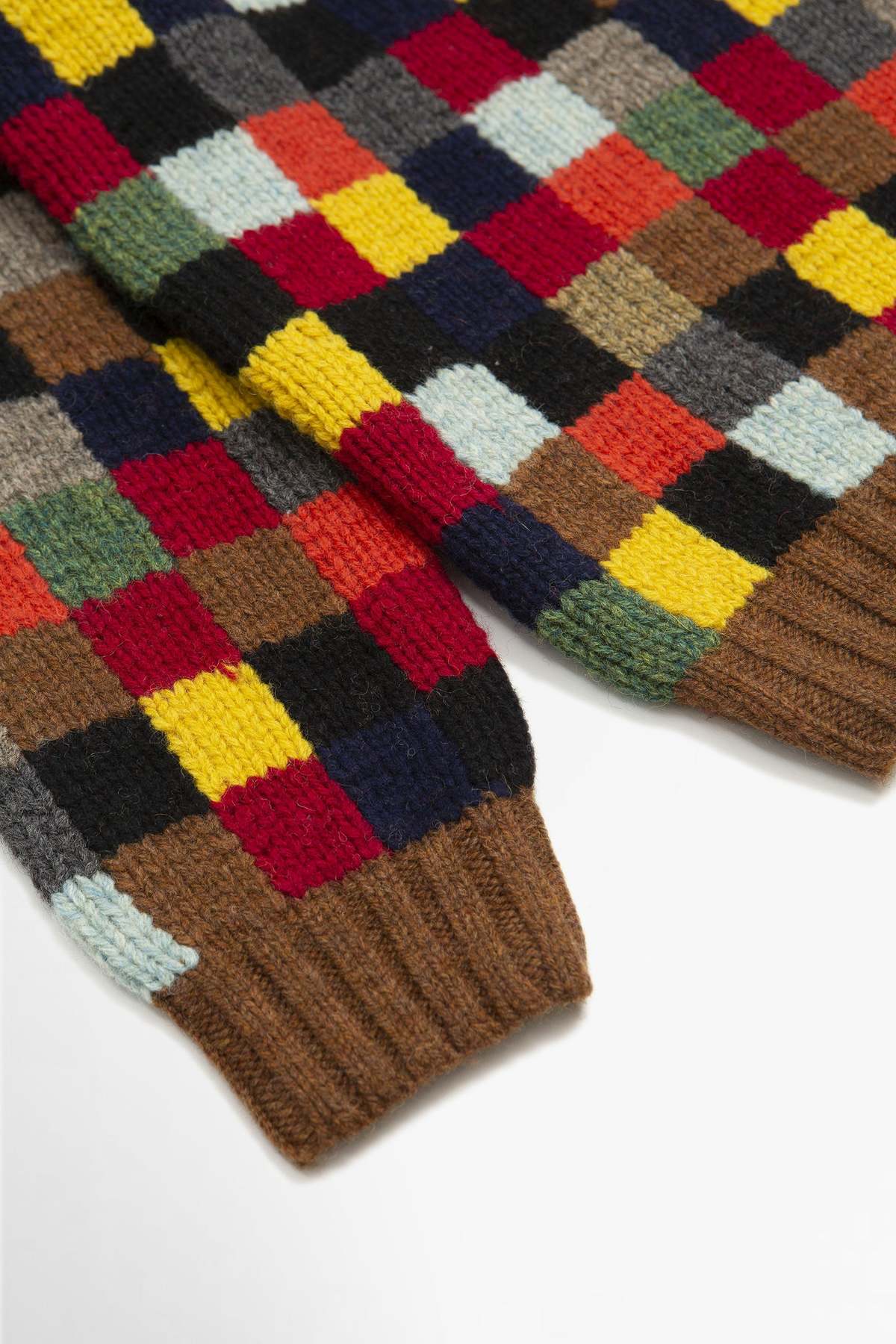 Beams Plus Patchwork Hand Knit Block Crew Neck Sweater - Multi