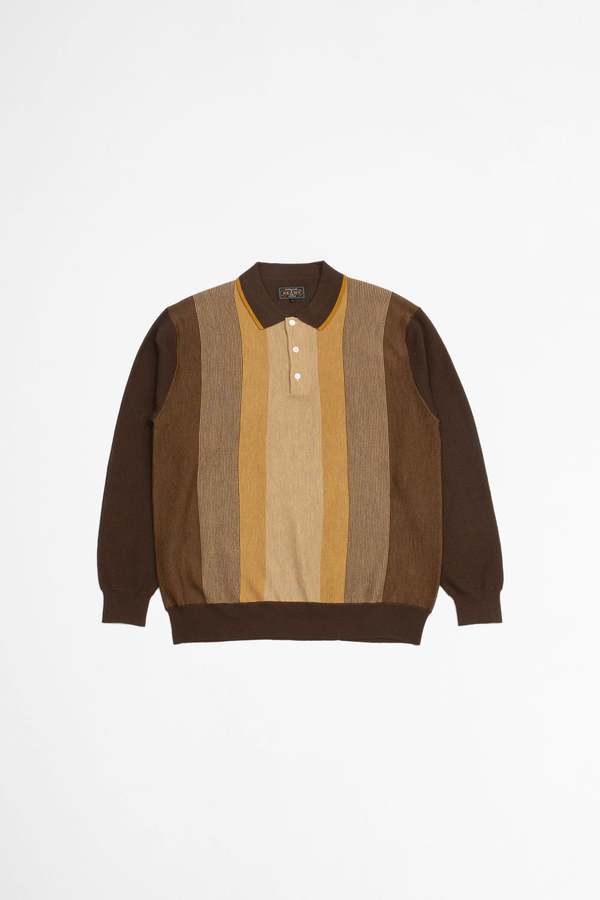 Beams Plus Striped Knit Polo Shirt - Brown | Garmentory