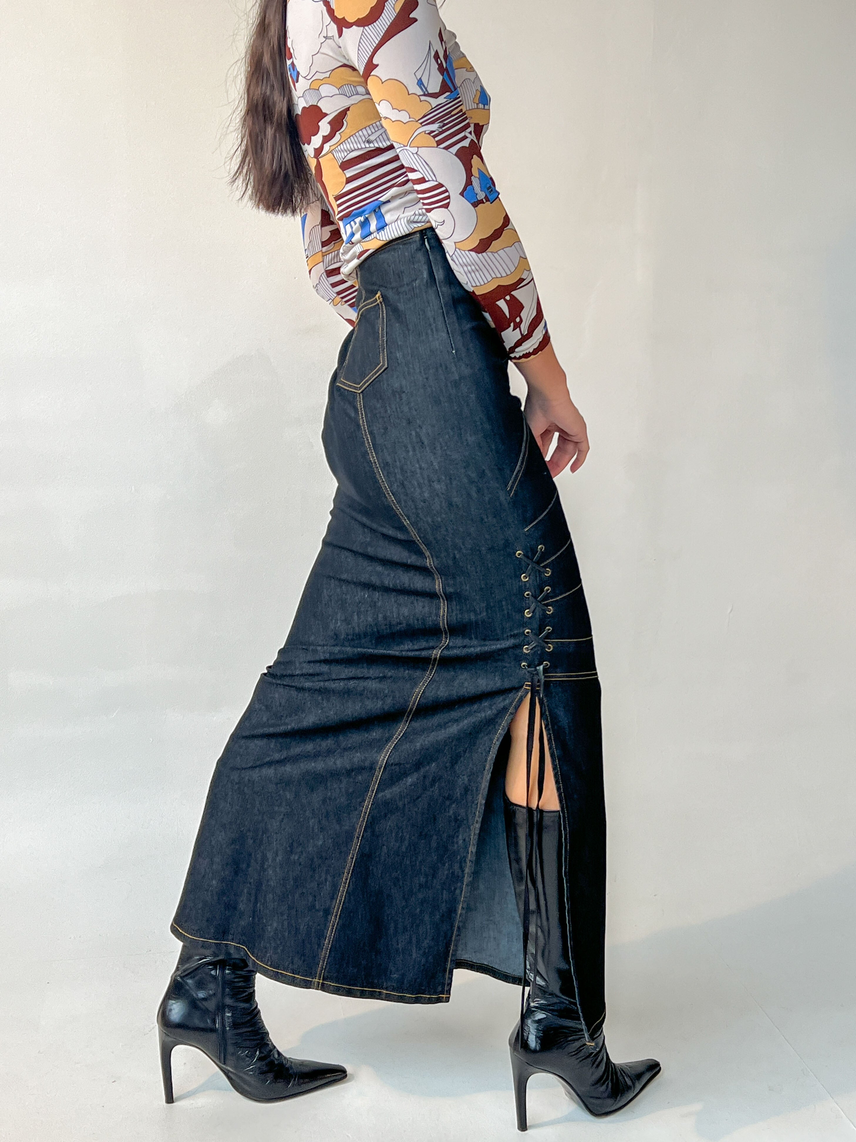 Denim Paneled Lace Up Skirt