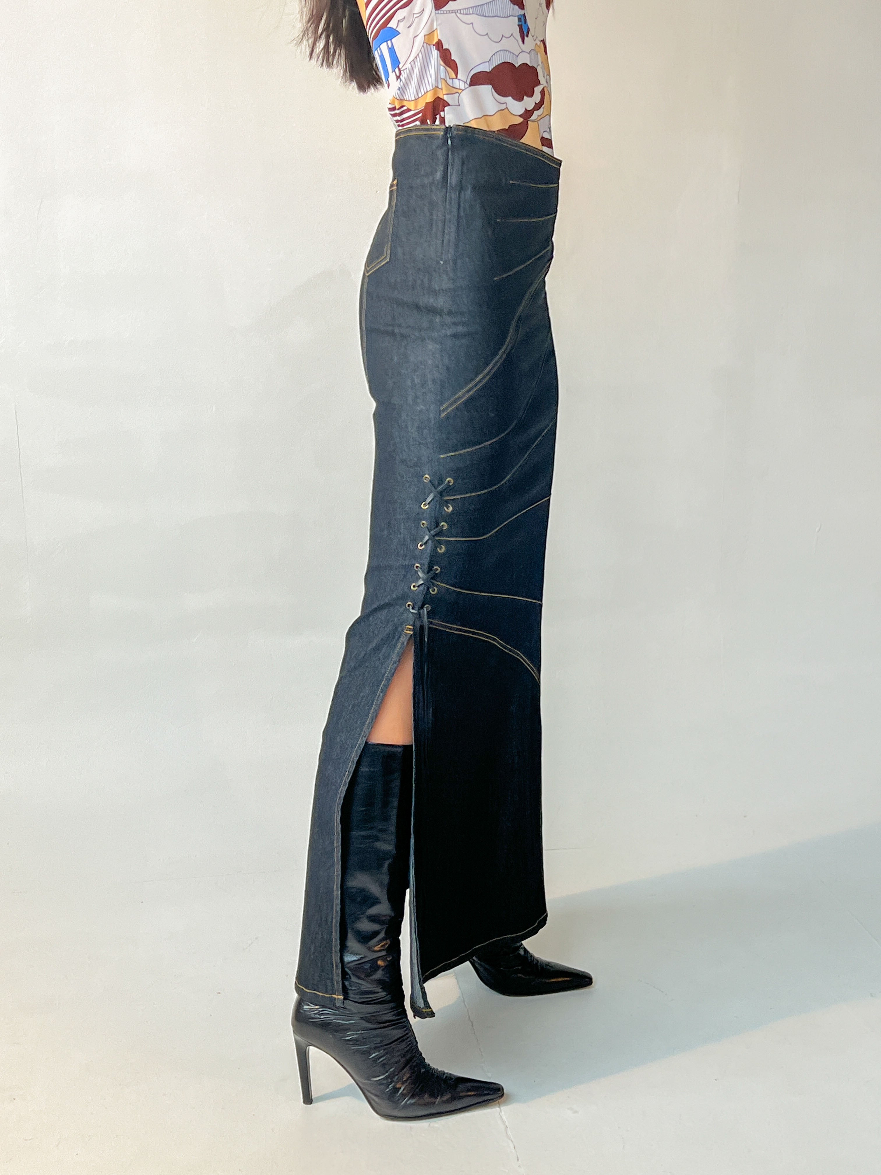 Kenna Grid Patchwork Lace Up Skirt