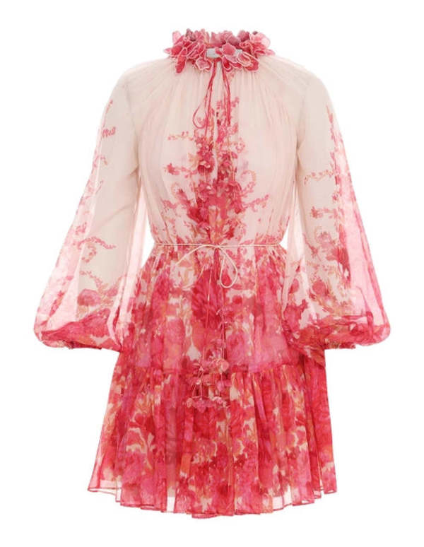 Zimmermann High Tide Latern Mini Dress Pink Ikat Floral on Garmentory