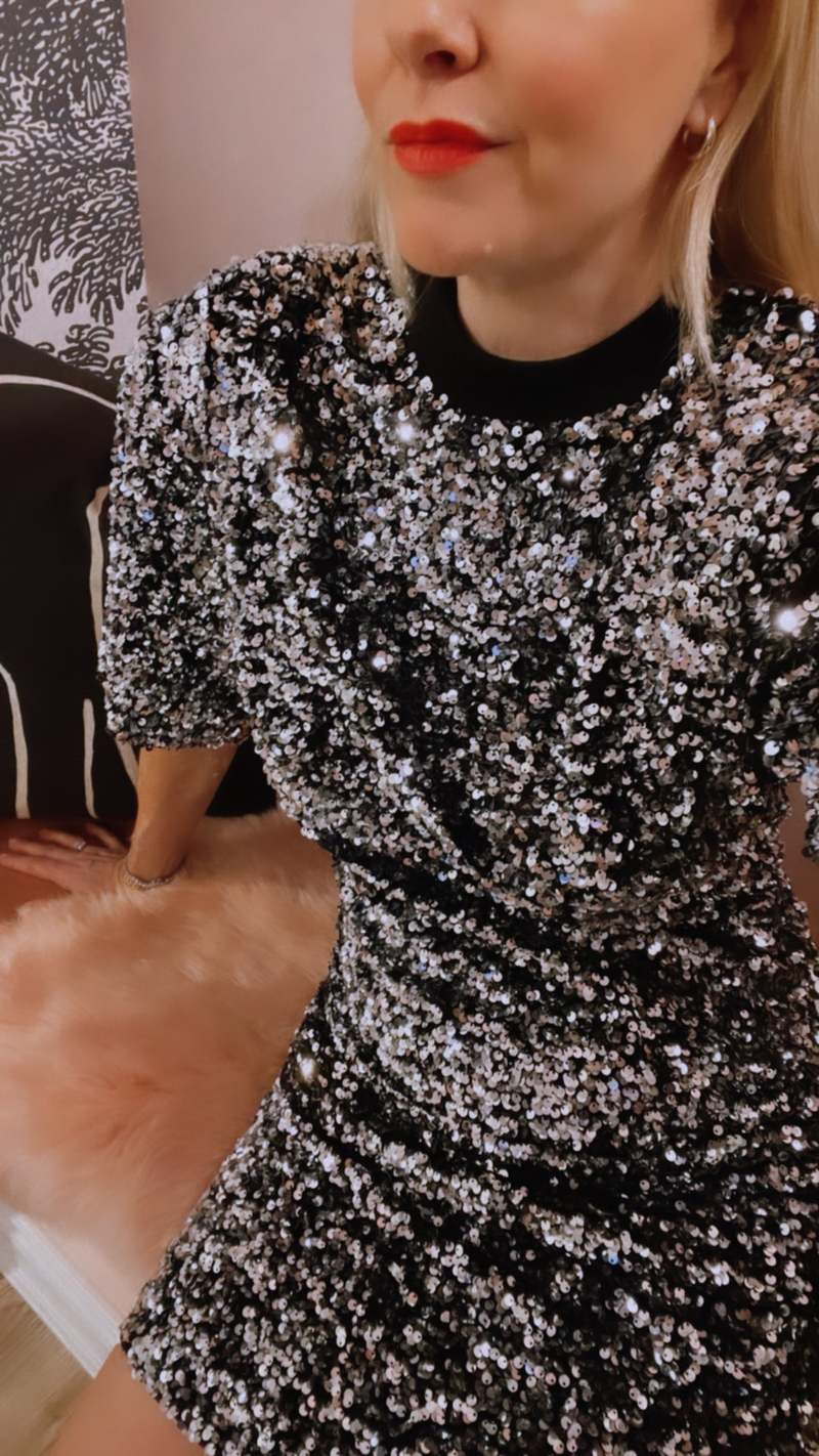 Oval Square Glitter Short Sleeve Mini Dress - Silver/Black Mix