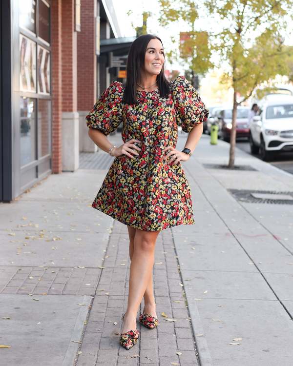 knee length dresses for ladies Allana Jacquard Mini Dress in Black & Blue Floral – Elliatt main image 0
