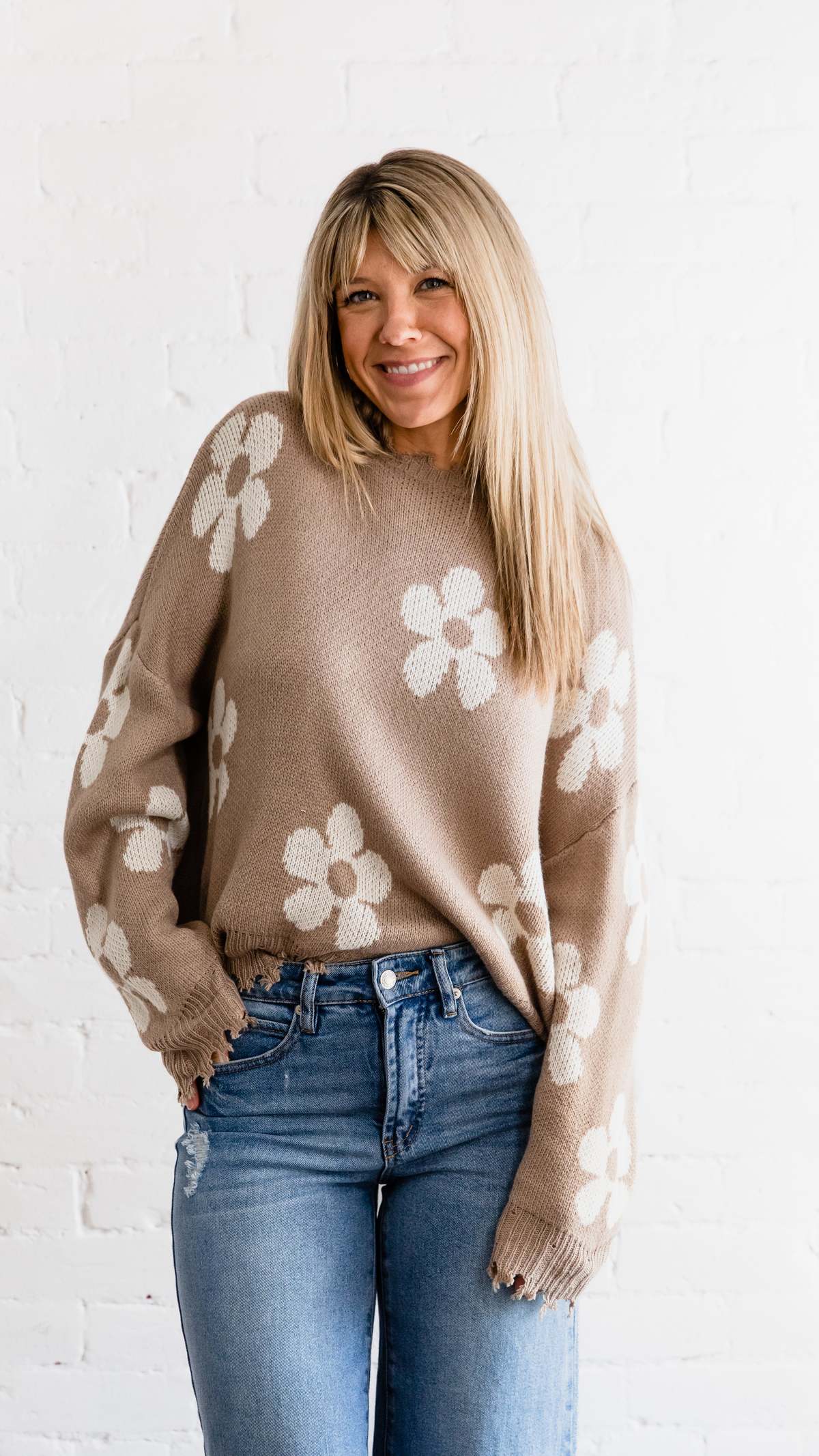Hayden LA Flores Sweater - Taupe/Tan Flowers - Image 1 of 3