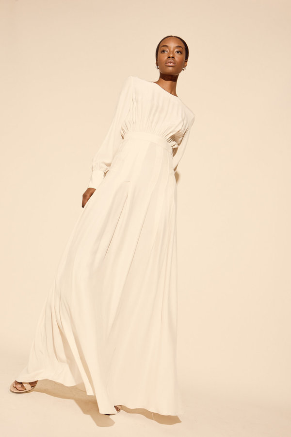 all white long fitted dresses Embellished Long Sleeve Backless Maxi Dress in White - 8 main image 0