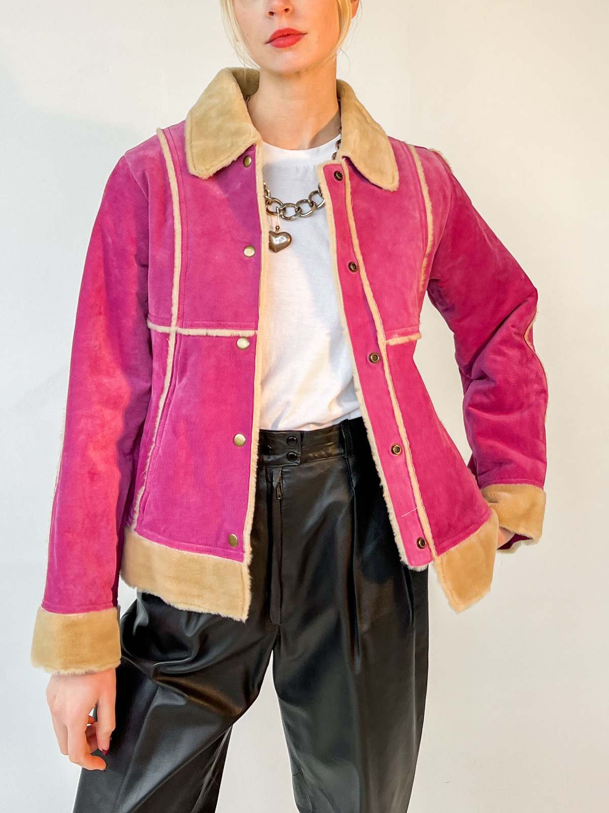Suede Faux Shearling Jacket - Pink | Garmentory