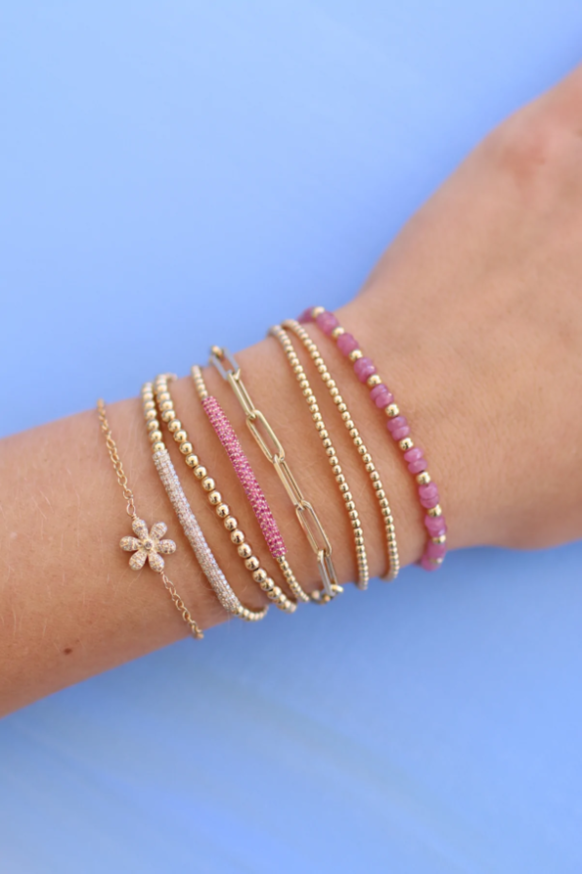 Karen Lazar 3mm Bracelet with Pink Sapphire Gold Pattern Yellow Gold