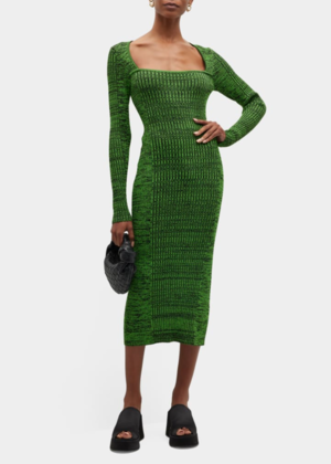 Ganni Knit Square-Neck Midi Dress - Kelly Green | Garmentory