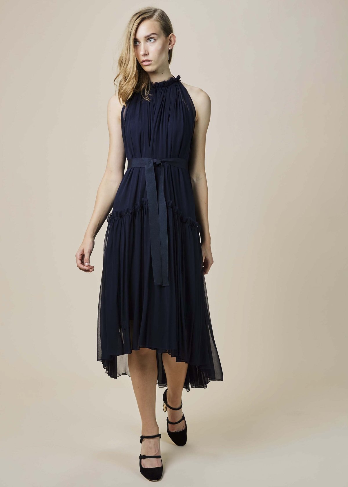 Louiza Babouryan Sleeveless Belted Chiffon Dress