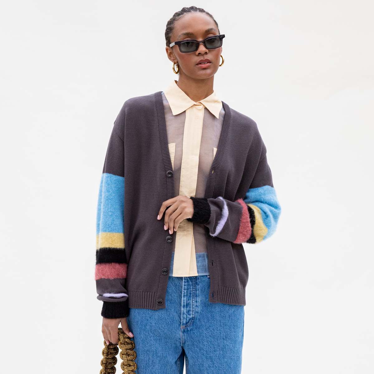 トップス AWAKE NY STRIPED MOHAIR CARDIGAN L Awake NY Striped Mohair Sleeve Cardigan (Teal Multi) – August