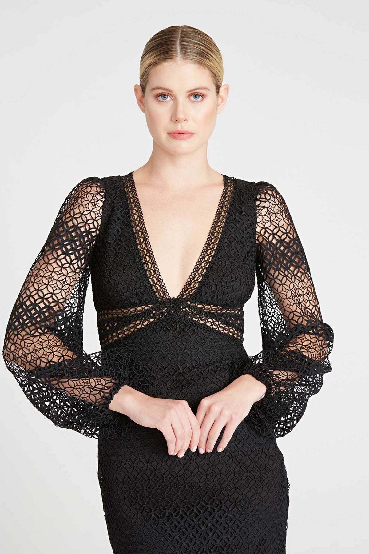monique lhuillier floral lace midi dress AVERY FLORAL LACE CUT OUT DRESS IN BLACK | CULT MIA main image 1