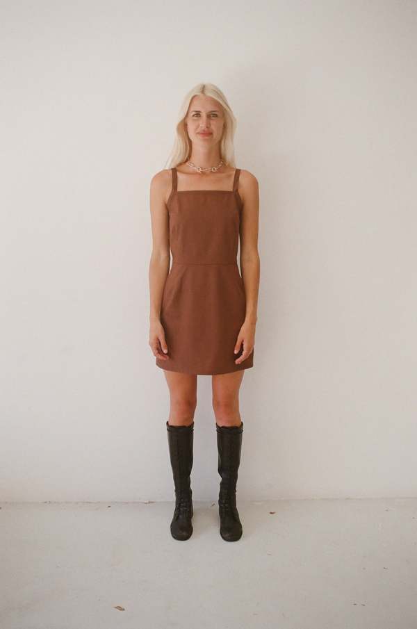 brown linen mini dress Never A Bad Day Dark Brown Linen Button Front Mini Dress main image 1