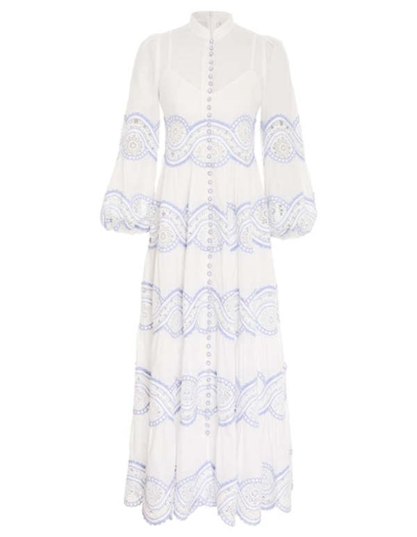 Zimmermann Cira Tiered Trimmed Dress - White/Blue | Garmentory