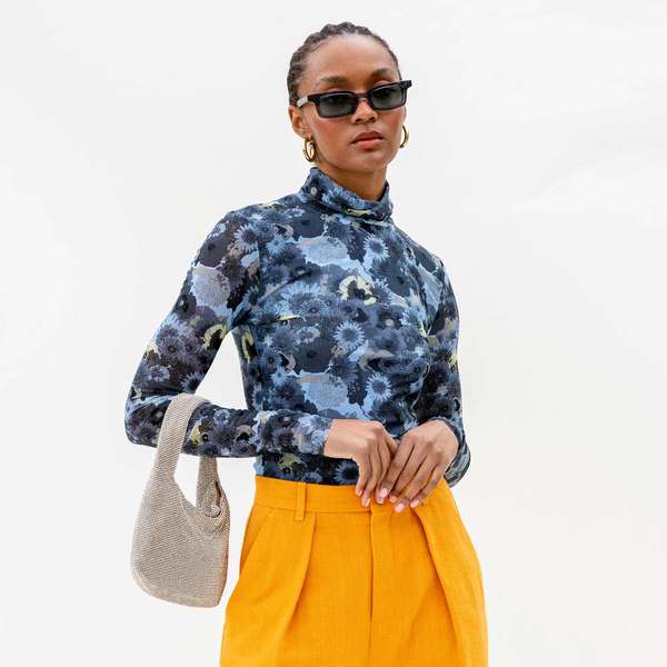 Ganni Printed Mesh Long Sleeve Rollneck - Brunnera Blue | Garmentory