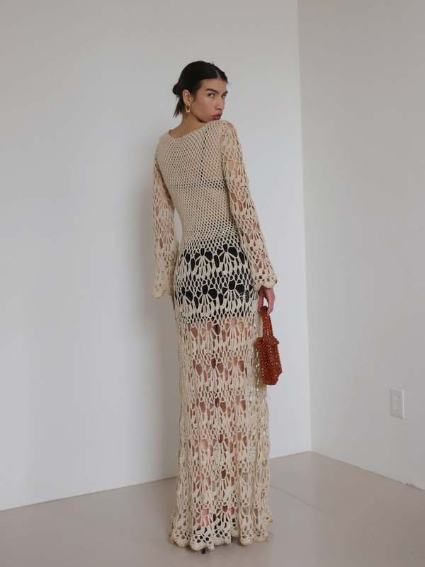 Vintage Crochet Lurex Maxi Dress - cream/gold | Garmentory