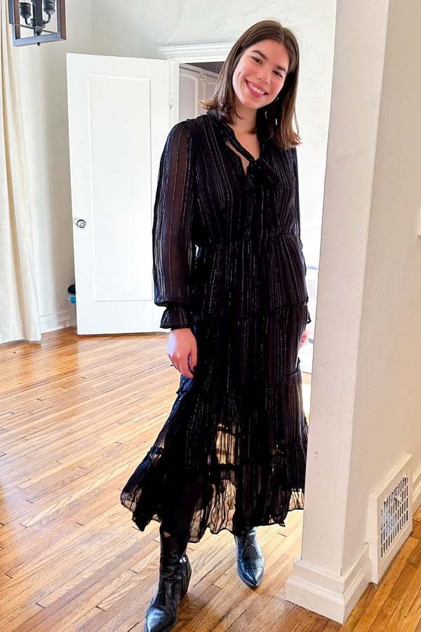 Elan Long Sleeve Midi Tie Neck Dress - Black Lurex Stripe | Garmentory
