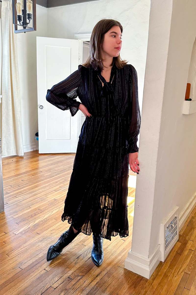 Elan Long Sleeve Midi Tie Neck Dress - Black Lurex Stripe | Garmentory