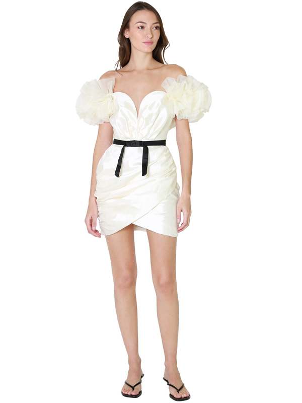 mable Alvin Raffle Puff Sleeve Ruched Mini Dress - Creme | Garmentory