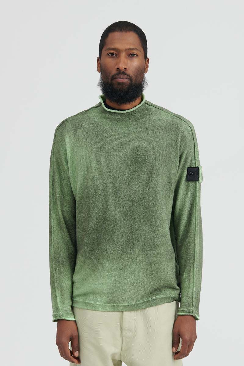 Stone Island Cotton Nylon Patterned Yarn Hand Sprayed Treatment Mock Neck  Knit Military Brown