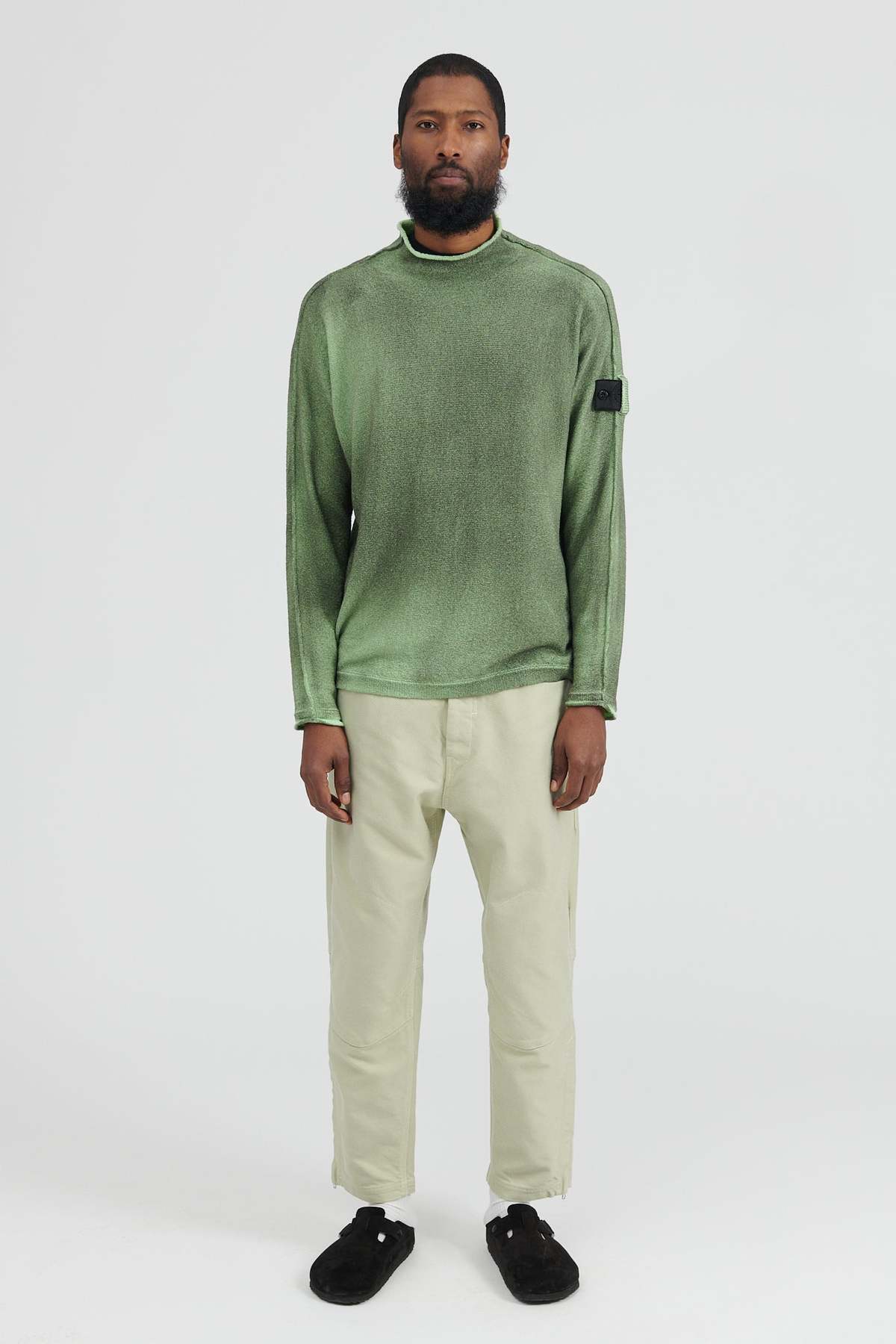 Stone Island Cotton Nylon Patterned Yarn Hand Sprayed Treatment Mock Neck  Knit Military Brown