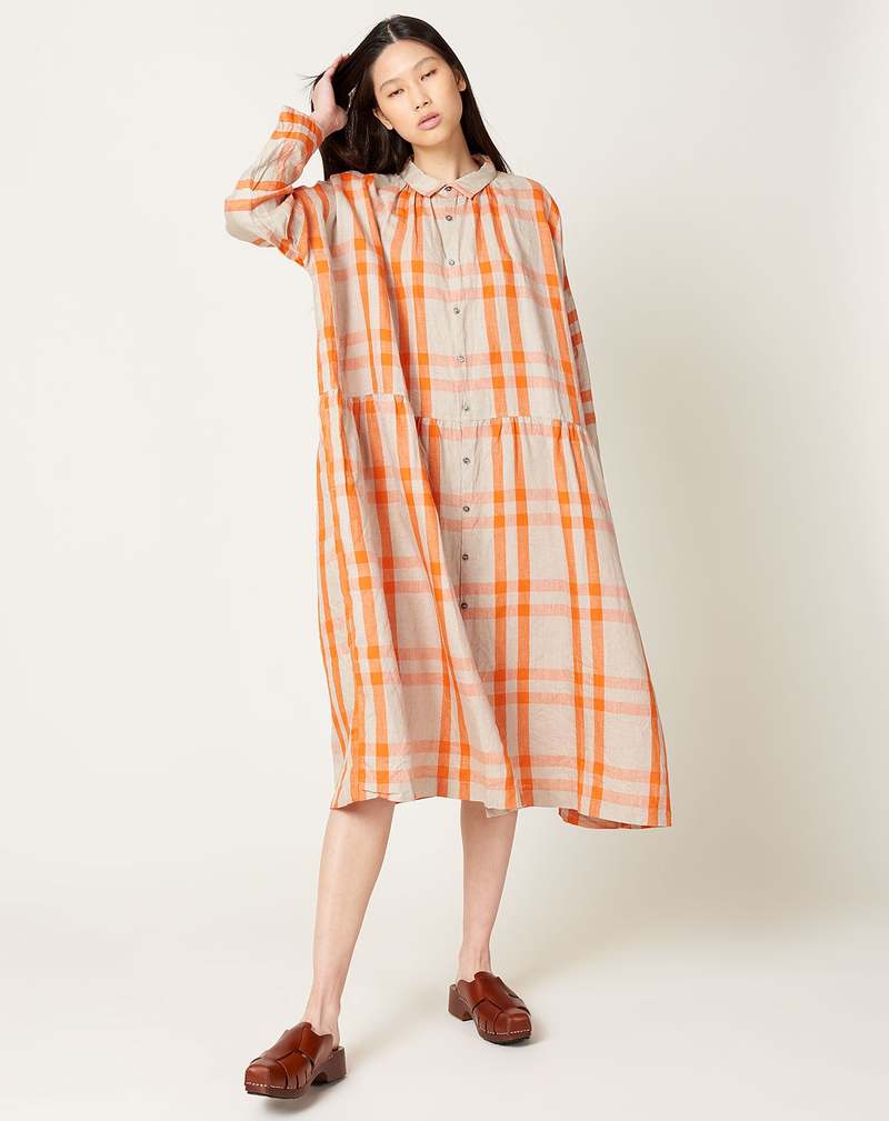 ichi antiquités Linen Twill Check Dress - Natural/Orange | Garmentory