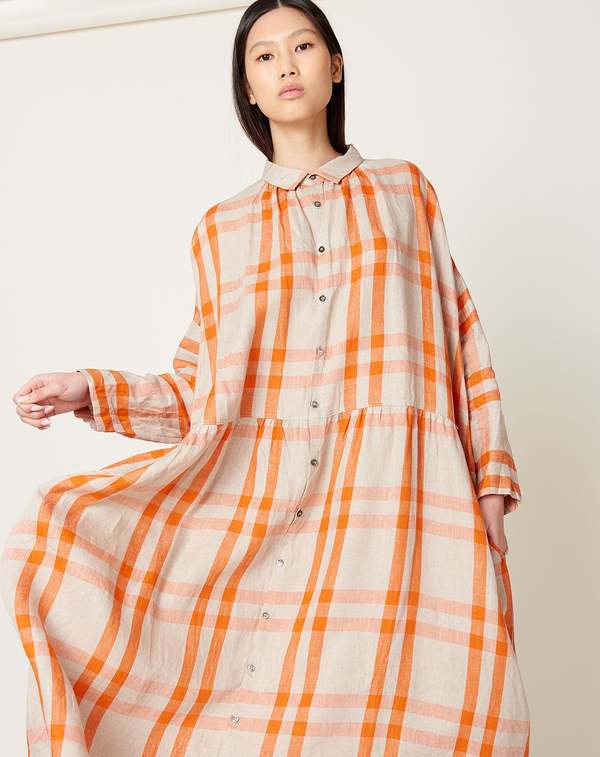 ichi antiquités Linen Twill Check Dress - Natural/Orange | Garmentory