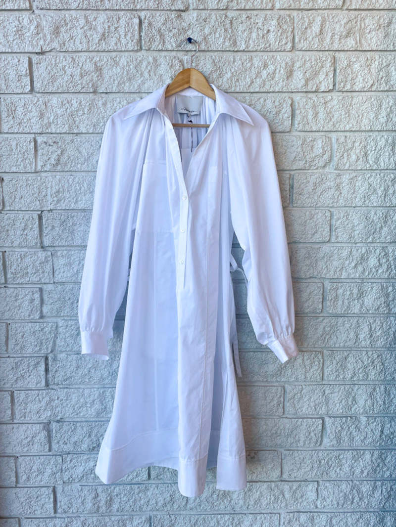 3.1 Phillip Lim Shirred Puff Sleeve Classic Poplin Shirt Dress