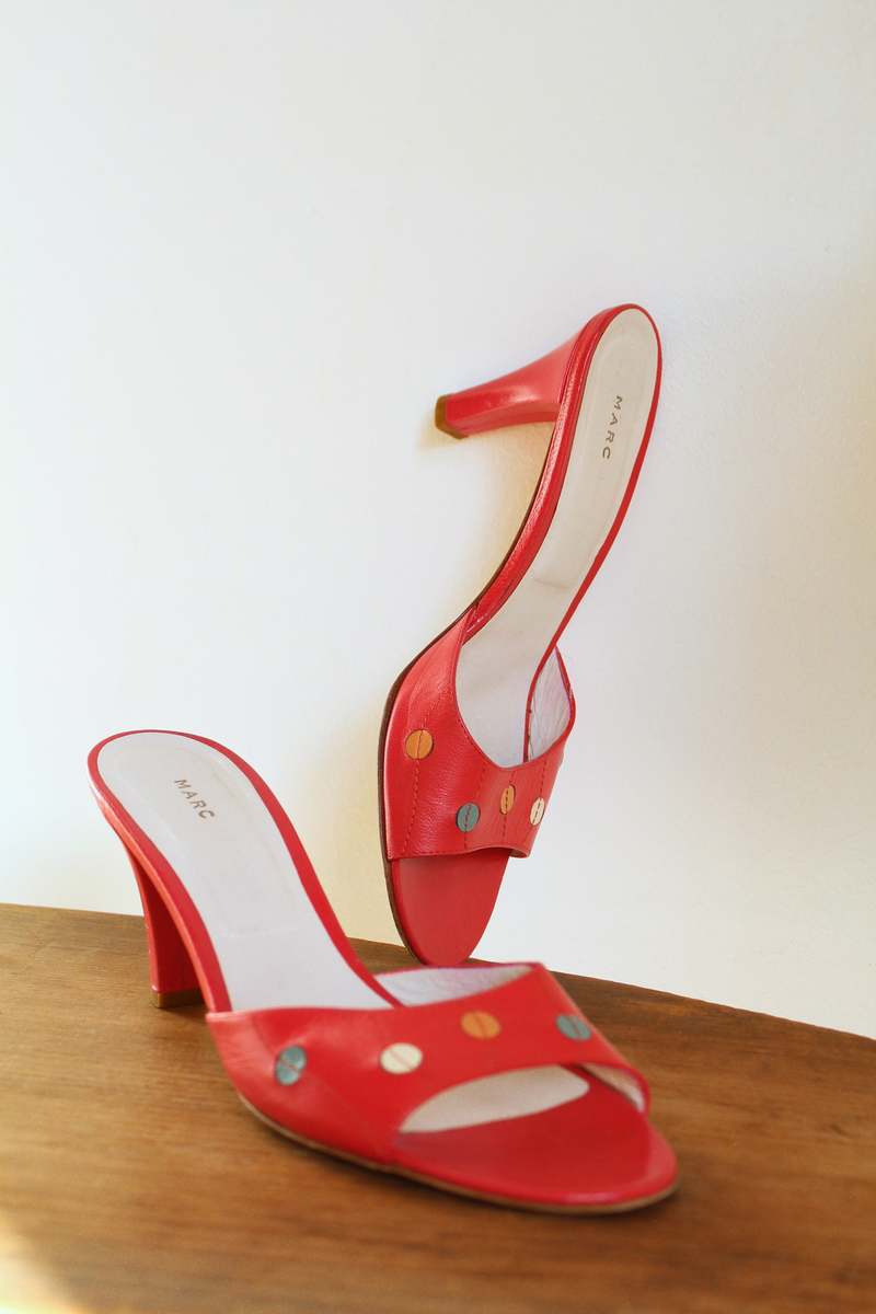 Y2K Leather Polka Dot Marc Jacobs Heels - Red | Garmentory Y2K Leather Polka Dot Marc Jacobs Heels - Red | Garmentory
