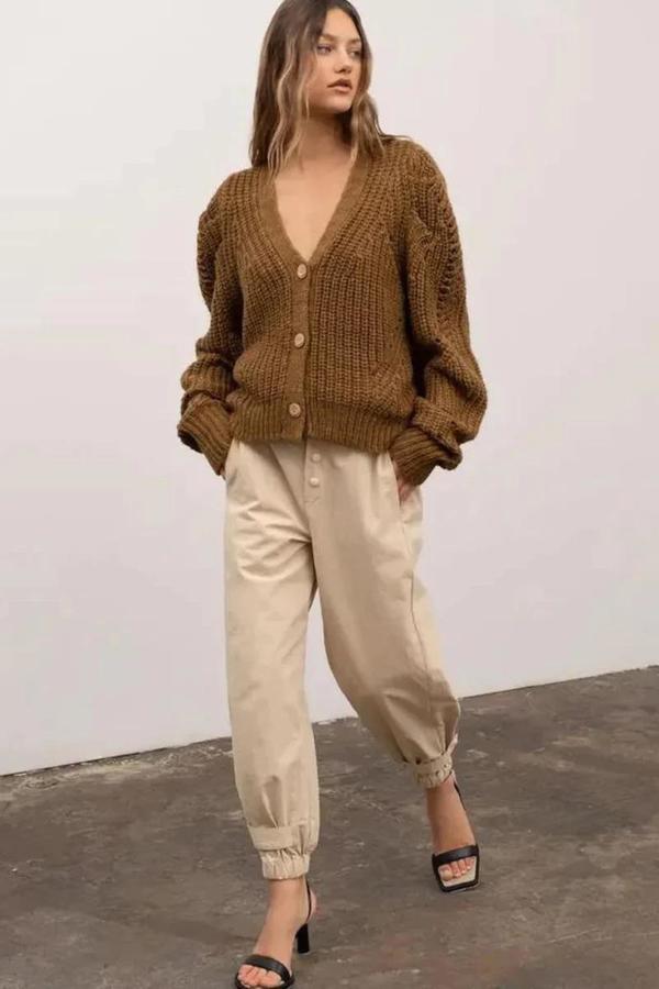 Moon River Knitted Button Up Cardigan - Olive