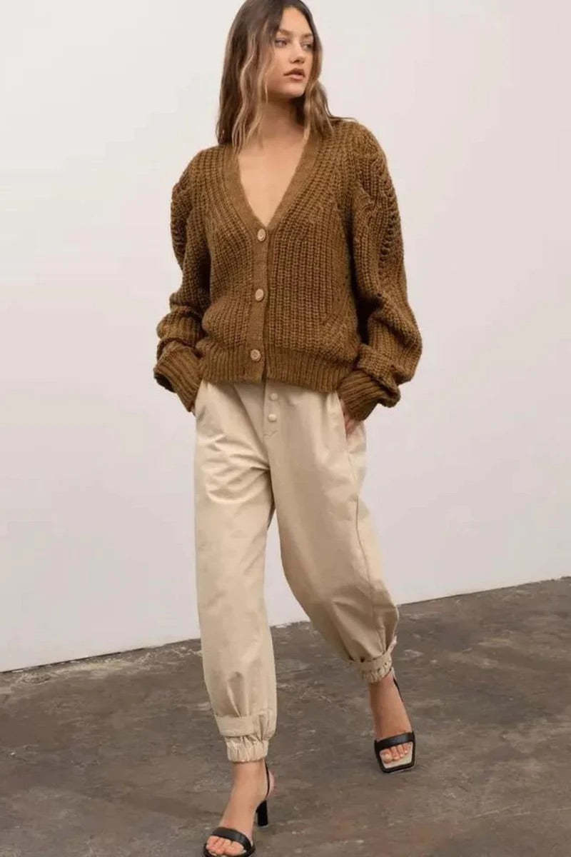 Moon River Knitted Button Up Cardigan - Olive