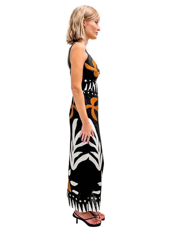 CALA DE LA CRUZ Lizzie Cutout Linen Midi Dress - Black Multi