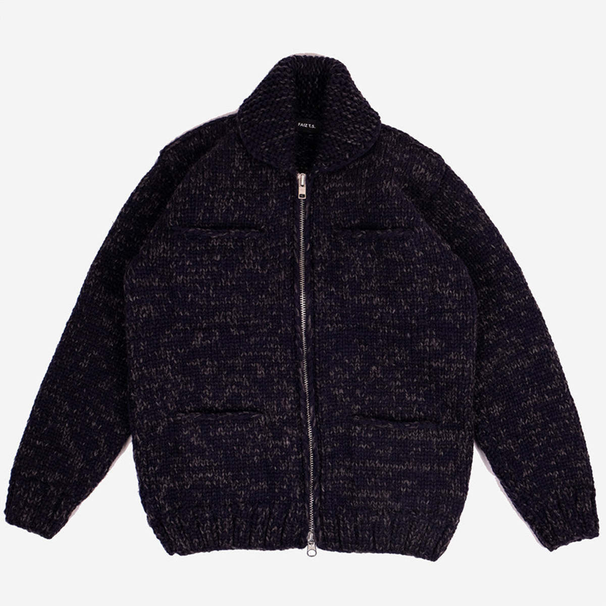 FAIZ T.S. Field Wool Knit Cowichan Sweater - Navy Speckled - Image 1 of 7