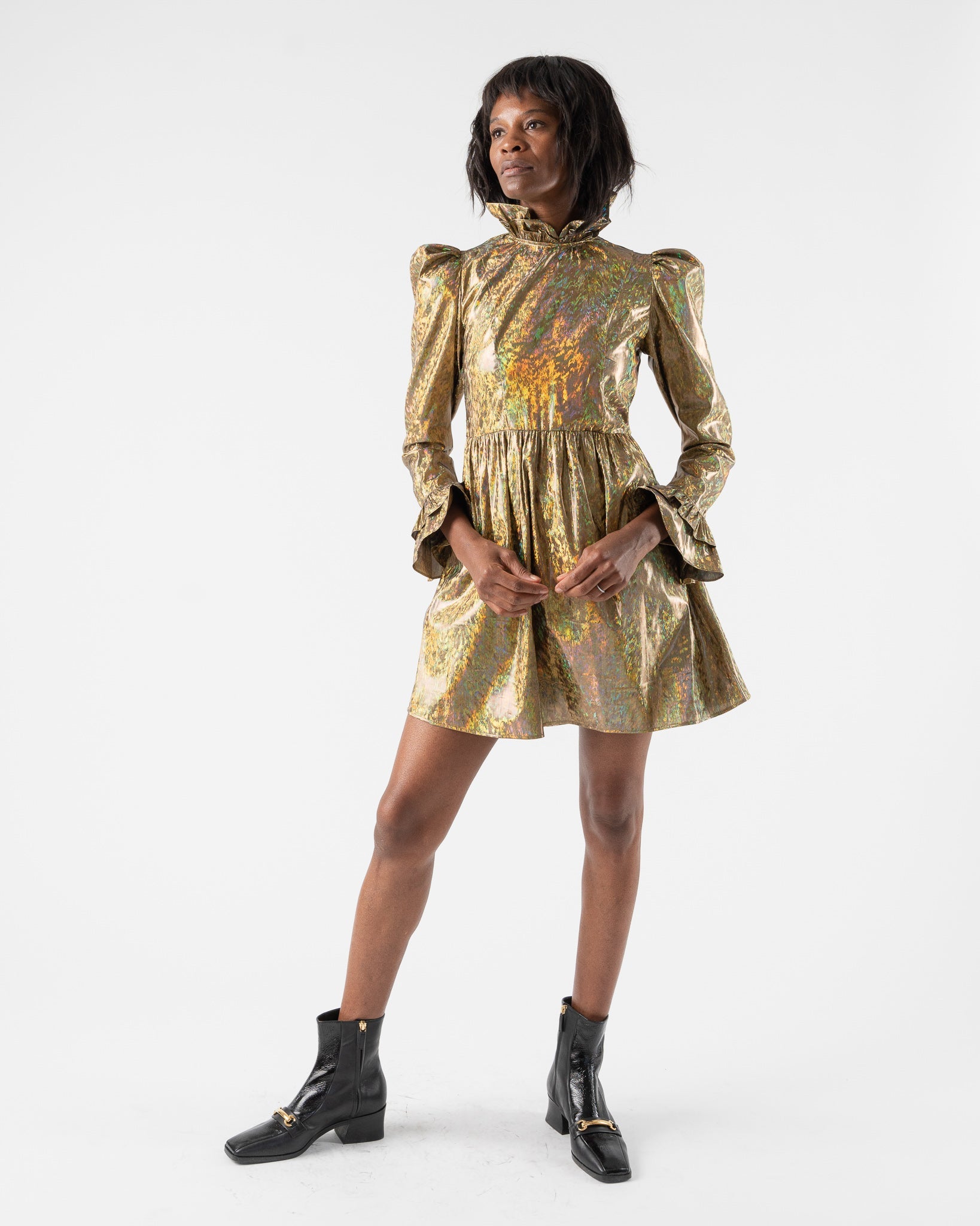 Batsheva Mini Prairie Dress in Gold Holographic Lame | Garmentory