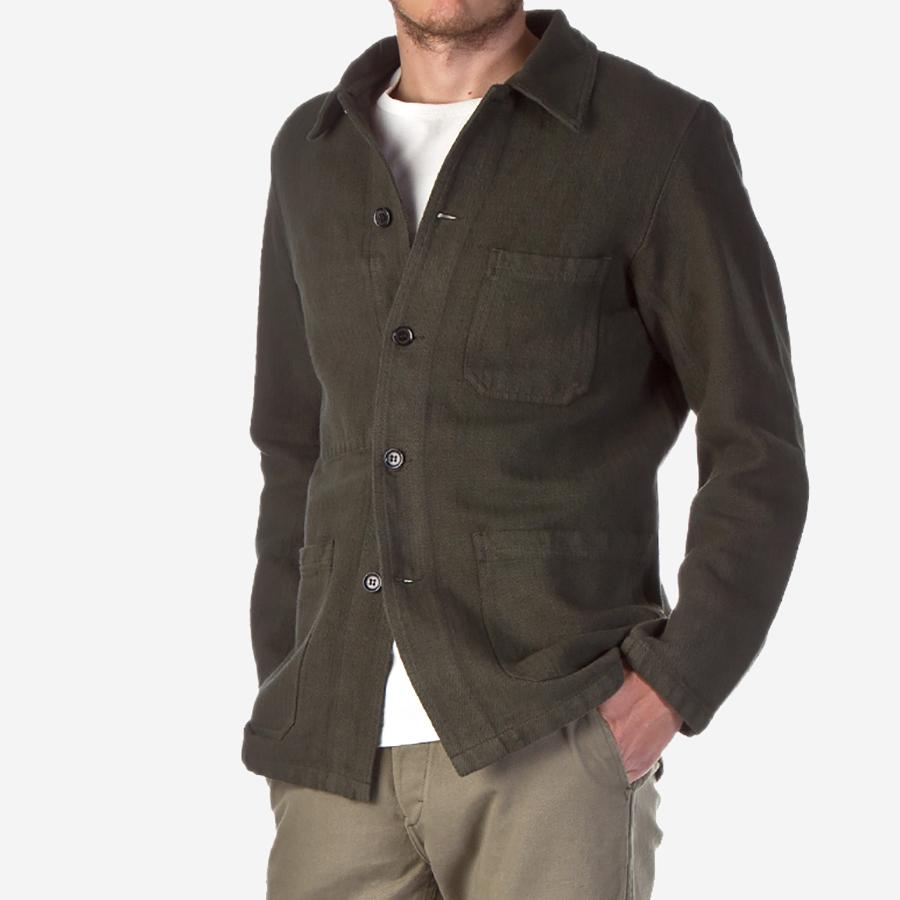 Vetra Workwear Chore Jacket Khaki Overdyed Cotton/Linen Herringbone