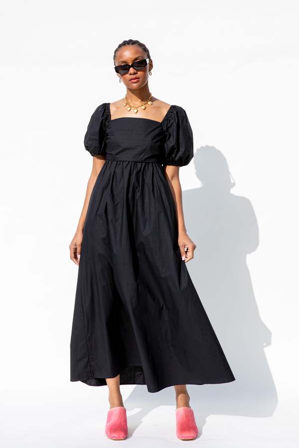 knee length dresses for ladies Black Cotton Poplin Midi Off-Shoulder Dress 40
