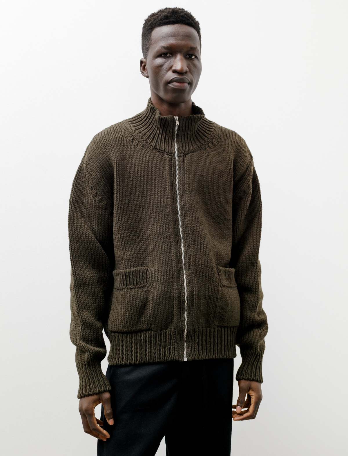 Margaret Howell Merino Wool Chunky Knit Zip Cardigan - Khaki