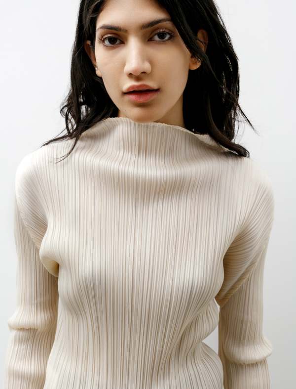 Pleats Please by Issey Miyake Mockneck Long Sleeve - Light Beige