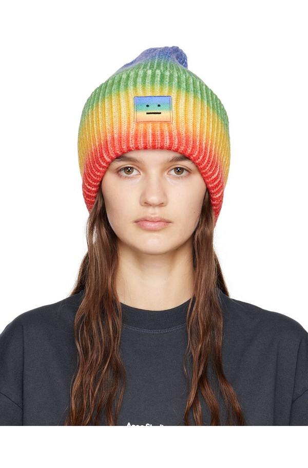 Acne Studios Pansy Rainbow Beanie - Coral Red/Green Multicolor