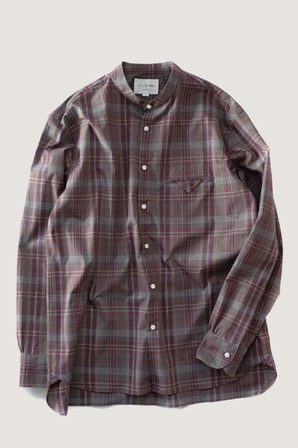Still By Hand Banded Collar Shirt - Wine Still By Hand Banded Collar Shirt - Wine