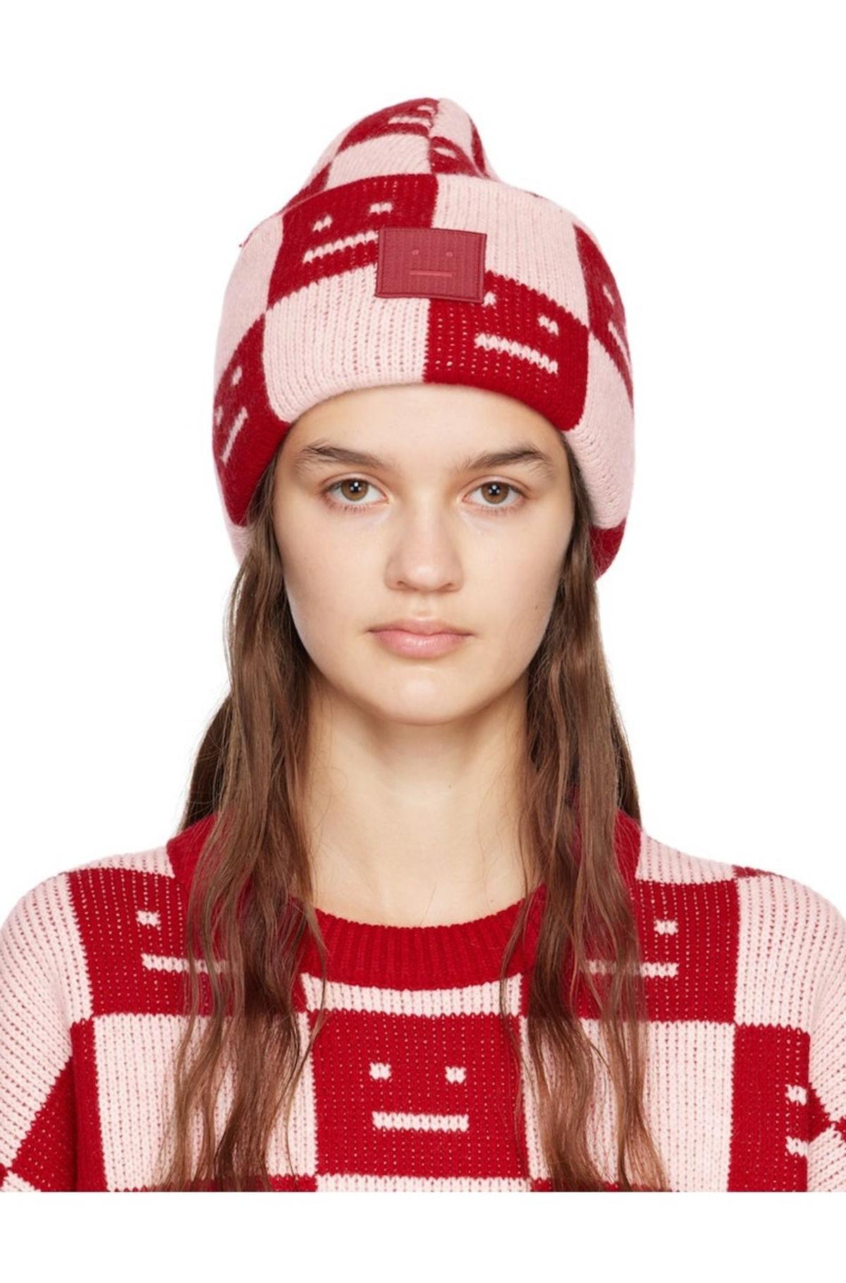 Acne Studios Kuri Checkerboard Beanie - Red/Pink | Garmentory