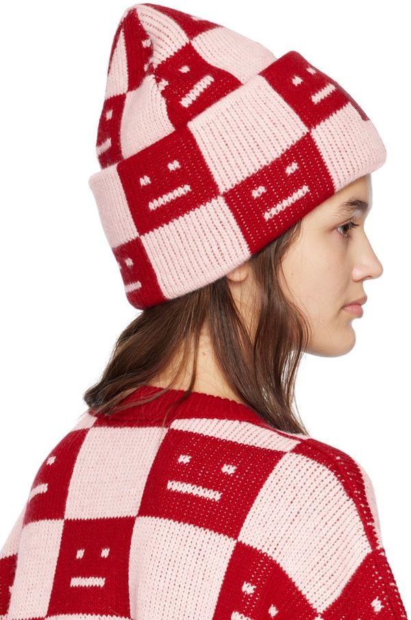 Acne Studios Kuri Checkerboard Beanie - Red/Pink | Garmentory display picture 3