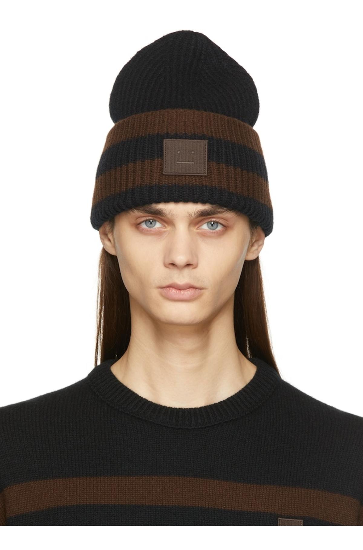 Acne Studios Striped Logo Beanie - Black/Brown | Garmentory