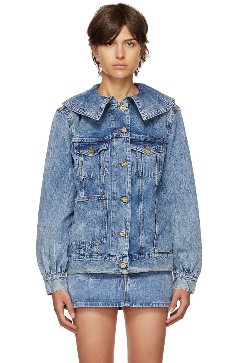 Ganni Oversized Crinkle Denim Jacket - Mid Blue Stone