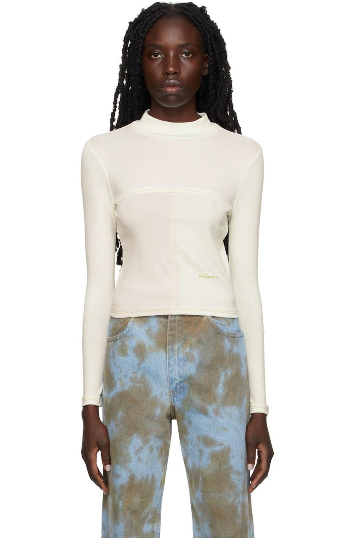 ECKHAUS LATTA 長袖 モックネック トップス Eckhaus Latta White & Green Lapped Baby Turtleneck | Garmentory