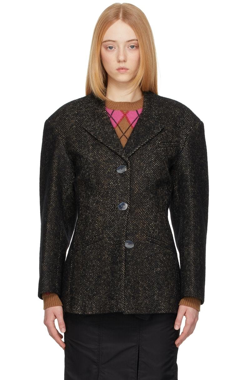 【関税&送料込】Ganni Giacca In Tweed GANNI Tweed Structured Blazer - Black | Garmentory