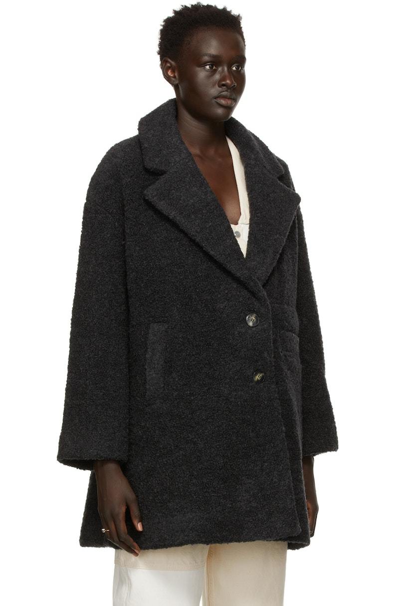 GANNI Recycled Wool Boucle Long Wrap Coat - Phantom | Garmentory