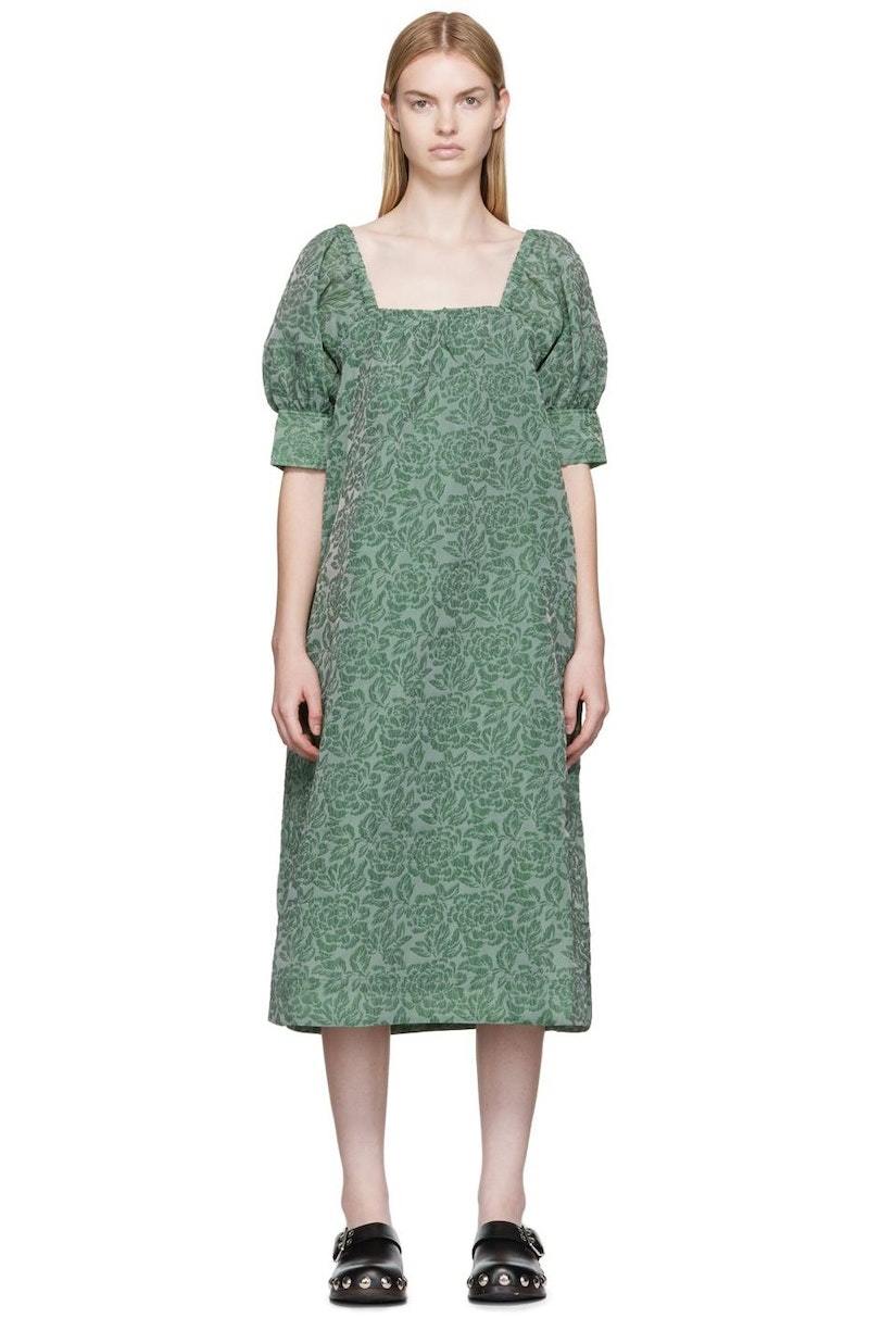 green emerald velvet dress Rent The Blue Jacquard Open Back Mini Dress By Ganni